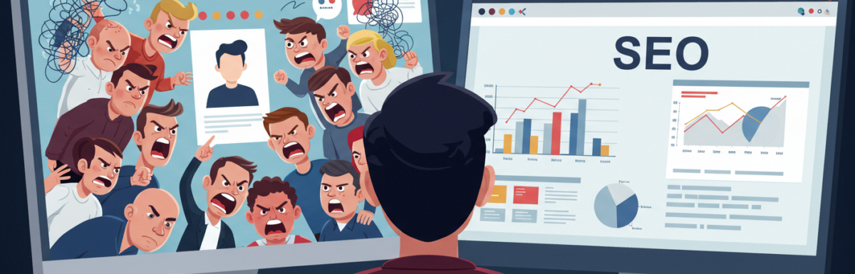 Cartoon depiction of man looking between two monitors; one depicts angry social media, and the other depicts SEO with clean charts