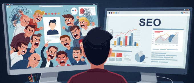 Cartoon depiction of man looking between two monitors; one depicts angry social media, and the other depicts SEO with clean charts