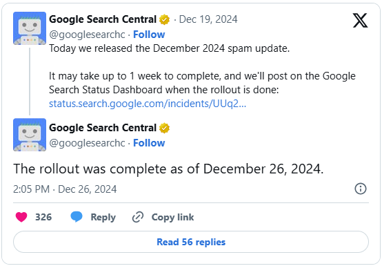 Google Search Central tweet announcing the December 2024 spam update rollout and conclusion.