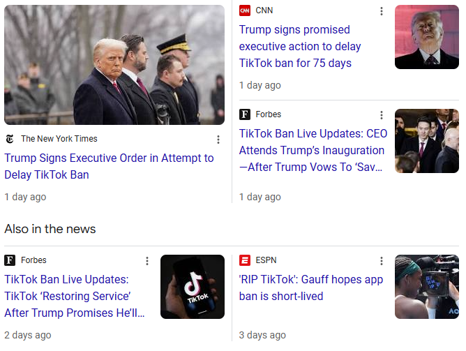 SERP result showcasing a variety of news sources discussing the TikTok ban